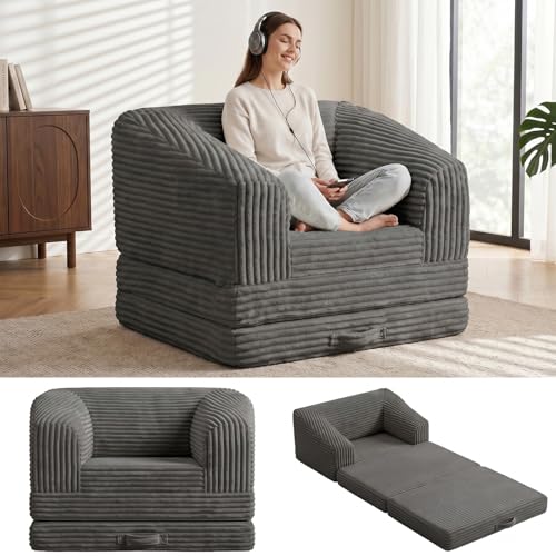 Image of JUIKURY Convertible Sofa Bed, 3-in-1 Foldable Loveseat Couch with Armrest, Corduroy Floor Sofa & Sleeper Bed, No Assembly High-Density Foam Futon Mattress for Living Room, Small Apartment, Dorm