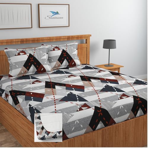 Image of 210 TC Glace-Cotton All Around Elastic Fitted Bedsheet, Elastic Fitted Bedsheet King Size Bedsheet for Double Bed with 2 Pillow Covers, Size - 72 x 78 x 8 Inch Color Cream