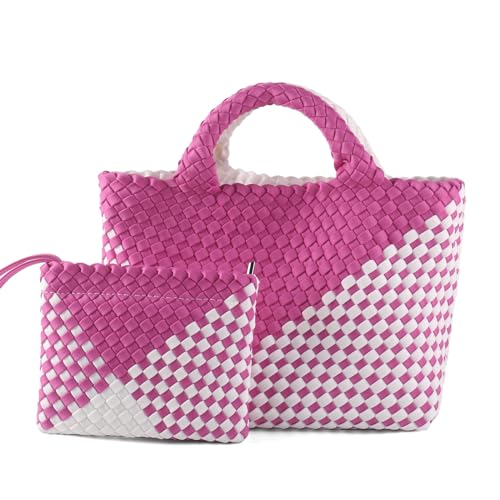 Image of Woven Bag for Women, Neoprene Tote Bag Summer Beach Handbag Purse Retro Handmade Travel Shoulder Bag Set