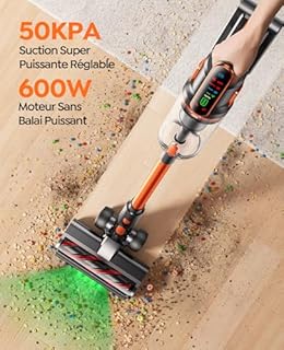 Fieety Aspirateur Balai sans Fil, 50kPa/600W/65Min Aspirateur sans Fil Puissant avec Parfumé Recharge Murale Mode Automatique Tuyau Extensible 1m pour Poils d’Animaux, Tapis, Sols Durs et Voiture