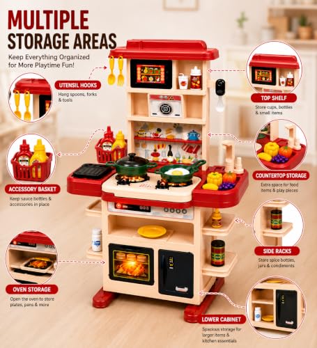 Image of Kids Kitchen Set for Girls & Boys, 43 Pcs Pretend Play Kitchen Set with Working Sink, Light & Sound Stove, Cookware, Fruits & Vegetables, Role Play Toy for Kids Age 3+