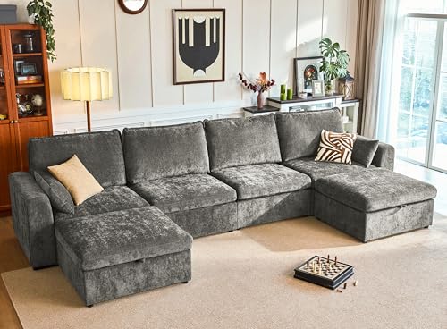 Image of 160.6'' Oversized Modular Sofa Comfy Cloud Couch with Storage, Extra Deep Plush Sectional Sofa Set U-Shaped for Living Room, Covers Washable, 6-Seater with 2 Ottomans, Chenille, Grey