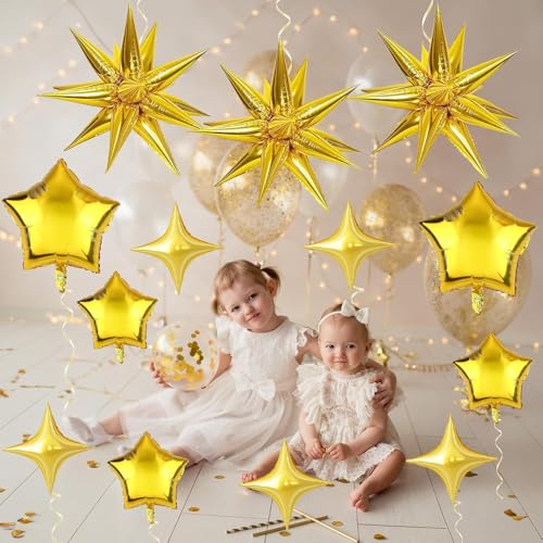 Image of 13 pcs 22Inch Star Ballons, 4D Large Foil Balloons with Metallic Star for 70s Disco Dance Birthday Graduation New Year (Golden Stars Mix 13pcs)
