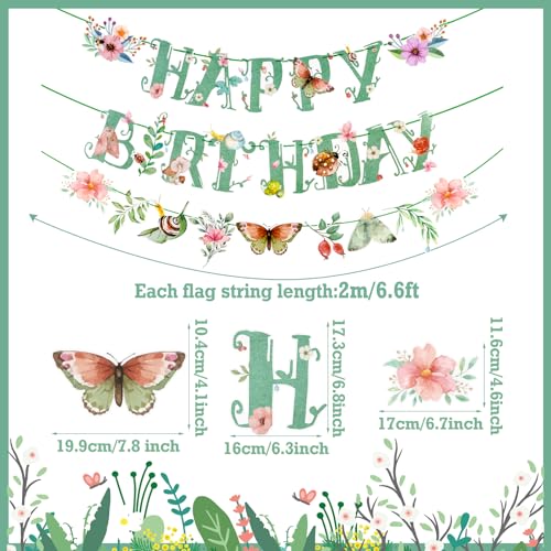 Image of SUNBEAUTY Wildflower Happy Birthday Banner Sage Green Floral Flower Party Decorations Butterfly Flower Banner Summer Spring Butterfly Birthday for Women Girl Baby Shower Garden Tea Party Supplies | Pre-Strung