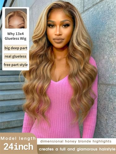 Image of Beauty Forever Honey Blonde Highlight Body Wave 13x4 HD Lace Front Wig Human Hair, Glueless Drawstring Wig Pre Plucked Pre Cut Bye Bye Slip Secure Fit Big Deep Parting Lace Wig 150% Density 18inch