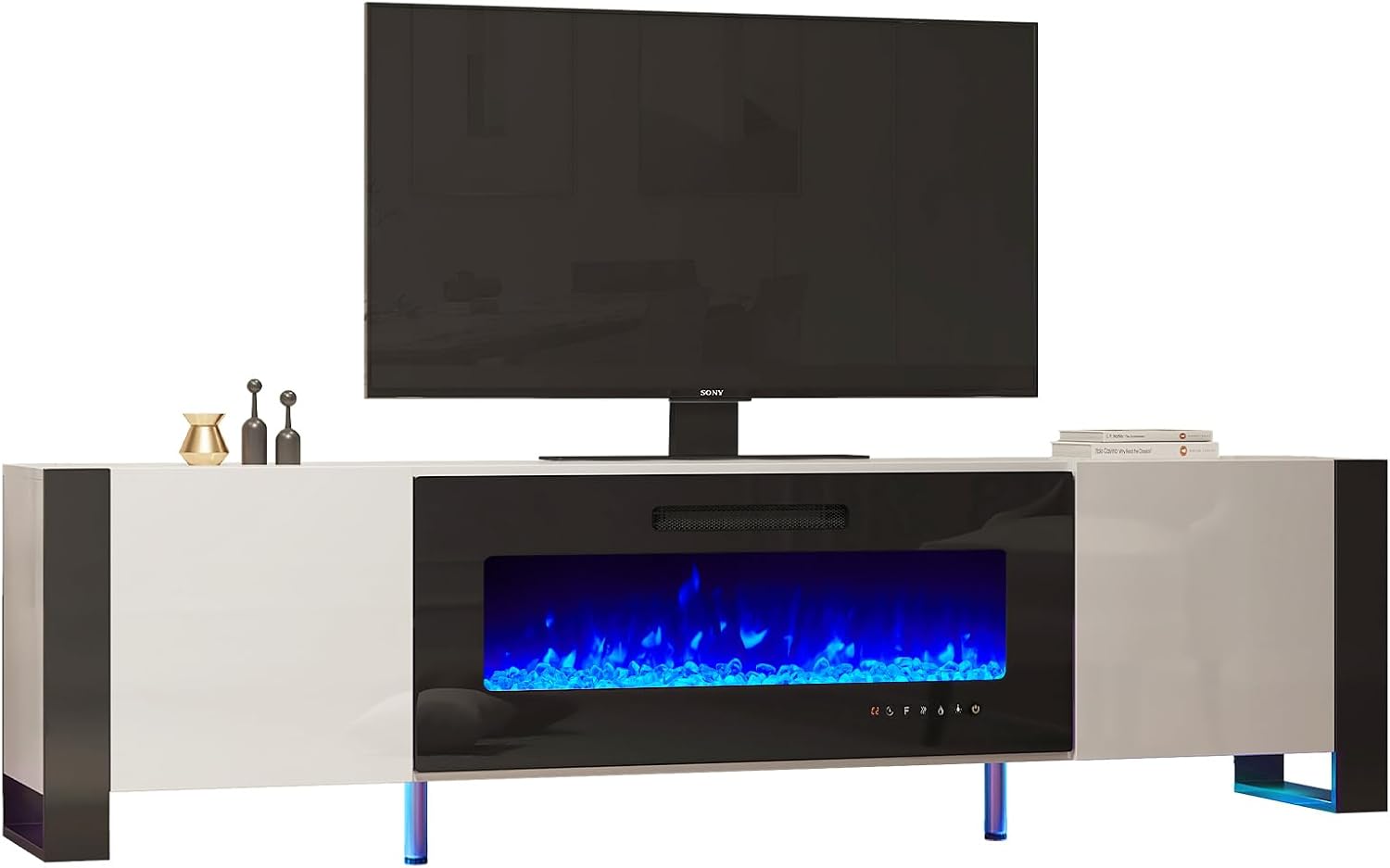 LUXOAK U-Shaped Legs 80" Fireplace TV Stand, Mirrored Finish Media Console with 40" Electric Fireplace, Modern LED Lights Storage Entertainment Center for TVs Up to 90", White