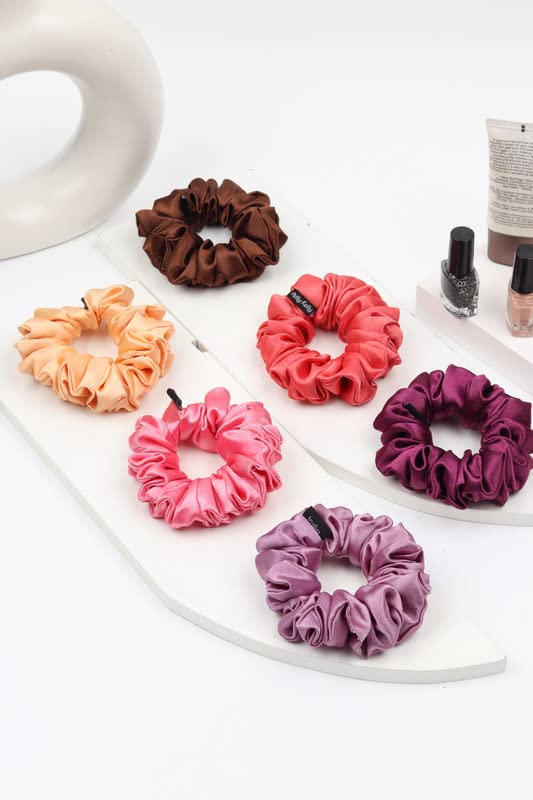 Image of Premium Satin Scrunchies for Women | Hair Bands, Ponytail Holders & Rubber Bands | Fluffy, No-Damage Hair Ties | Girls Hair Accessories | Medium Size | Pack of 6