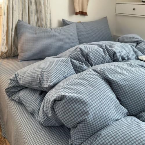 Image of PinkMemory Blue Gingham Duvet Cover Bedding Set King 100% Washed Cotton Blue Plaid Checkered Duvet Cover 3pcs Modern Grid Gingham Bedding with Zipper Closure Ultra Soft Breathable