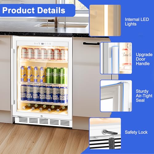 Image of 24 Inch Beverage Refrigerator with Glass Door, Undercounter Beverage Fridge 200 Cans Large Capacity, Beverage Cooler for Beer Soda with Reversible Door, Temperature Control, Safety Lock, White