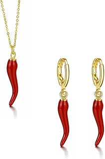 Dreuyet Italian Horn Hoop Earrings and Necklace for Women Dainty Enamel Red Chili Pepper Shaped Horn Pendant Chain Necklac...