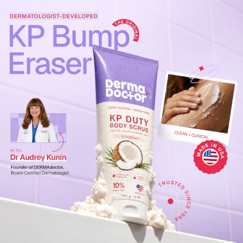 Image of DERMAdoctor KP Bump Eraser Coconut Body Scrub with 10% AHAs + PHAs for Keratosis Pilaris, Dry, Rough & Bumpy Skin, Dermatologist Formulated Exfoliating Scrub with Glycolic and Lactic acids - 6 fl oz