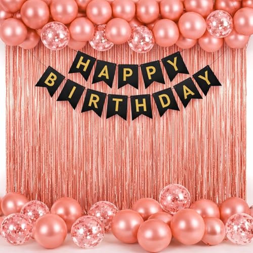 Image of Rozi Decoration Black & Rose Gold Birthday Party Combo Kit | 23-Piece Set with Foil Curtains, Metallic & Confetti Balloons, Happy Birthday Banner | Rubber Latex Balloons