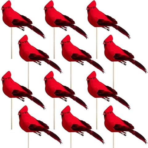 Alpurple 12 Packs Artificial Red Cardinal Birds on a Wooden Stick-Christmas Realistic Red Cardinal Floral Picks for Christmas Tree Ornament Decorations, Arts and Crafts Cover
