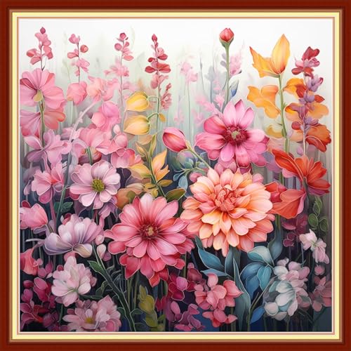 Image of Foxdiviy Stamped Cross Stitch Kits - 11CT Embroidery Patterns - Colorful Flowers - 18x18 inch - Suitable for All Ages