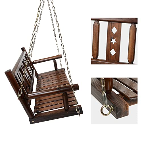 Wooden Porch Swing Chair Heavy Duty Outdoor Swing for Porch, Patio Swing Bench with Hanging Chains for Backyard Patio Garden (Brown) - Thumbnail 5