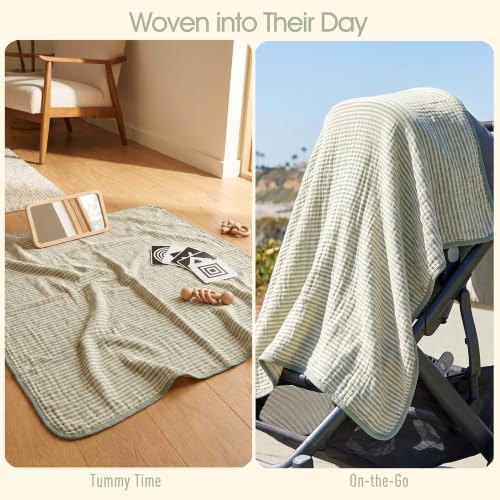 Image of Ultra Soft Muslin Baby Blanket - Made with Organic Cotton, Gender Neutral Sage Green Striped Jacquard, Swaddle & Crib Quilt, 43x43 Inches (Sage Green Stripes)