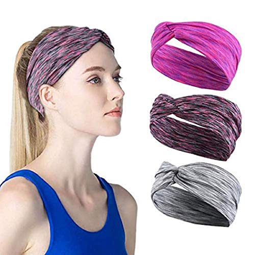 Simsly Wide Headbands Sports Headbands Cross Knotted Hair Bands Stretch Turban Headband Yoga Stripe Head Wraps Workout Head Scarf for Women and Girls (Pack of 3)