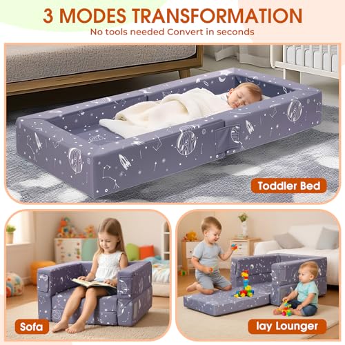 FRUITEAM 3-in-1 Portable Toddler Travel Bed, Flip Open Sofa Lounger with High-Density Foam for Camping & Indoor/Outdoor Use, Convertible Machine Washable Space Planet Galaxy Print Cover, Gray - Image 4