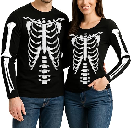 URBAN BUCK Men Halloween Skeleton Shirt Casual Rib Cage Graphic Long Sleeve Black Costume Tshirt (L)