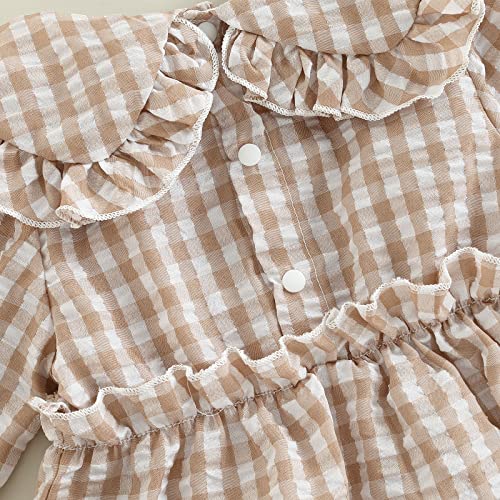 Newborn Baby Girl Fall Clothes Plaid Ruffle Romper Princess Peter Pan Collar Bodysuit Headband4