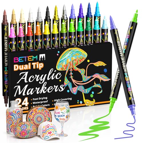 Betem Dual Tip Acrylic Paint Pens, 24 Colors Paint Markers for Glass, Window, Fabric, Wood, Rock, Canvas, Acrylic Markers with Fine & Brush Tip, Art & Craft Supplies, Teacher Appreciation Gift