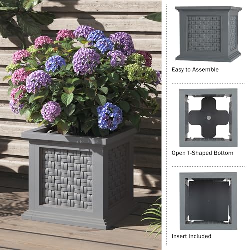 Rattan Style Outdoor Planter Box - 14.65-Inch-Square Decorative Flower or Plant Pot - Garden, Patio and Front Porch Decor by Pure Garden (Gray) by Pure Garden - Used condition - Image 3