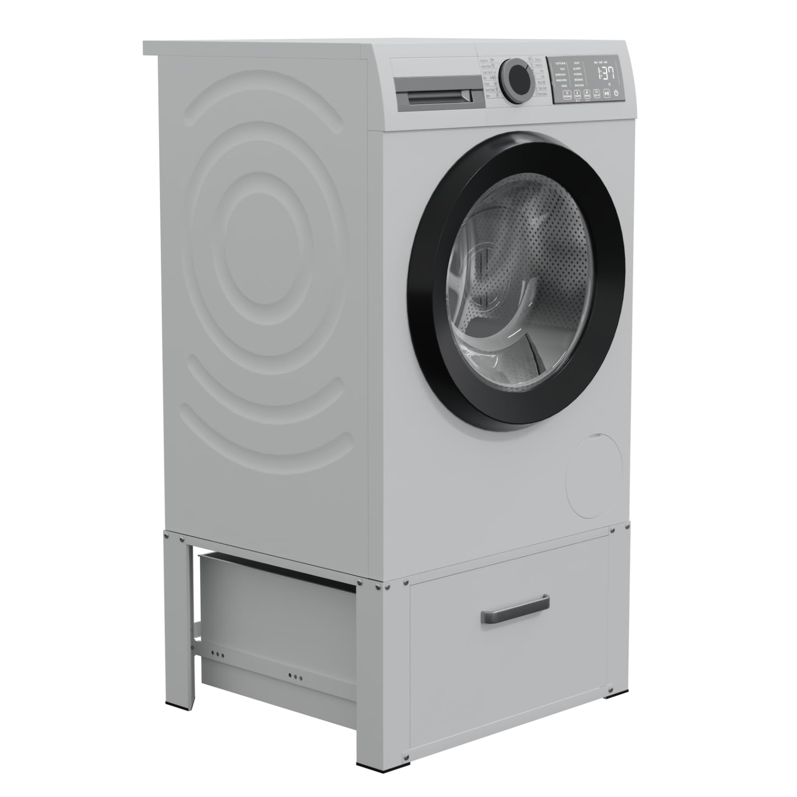 HAGO24 | Waschmaschinenuntergestell | Podest | Schublade | Ablage | 150kg Traglast | Gummifüße | 63x54x31,5cm | Rückenschonend | Weiß | Aluminiumgriff