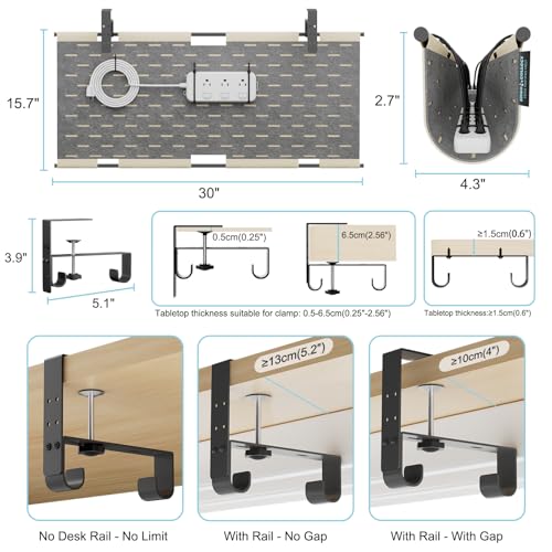Image of No Drill Under Desk Cable Management Tray, 30 inch Felt Cord Organizer | Clamp or Screw Mount, Converts to Privacy Panel, Pegboard Design, Wire Management for Standing Desk & Home Office
