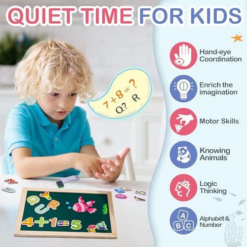 Uping Holzpuzzle mit Doppelseitige Magnettafel, Staffelei Kinder,130 Stücke magnetische Meerestiere und magnetische Alphabet-Puzzleteile,Magnetische Holzspielzeug, Kreativ Lernspielzeug für Kinder