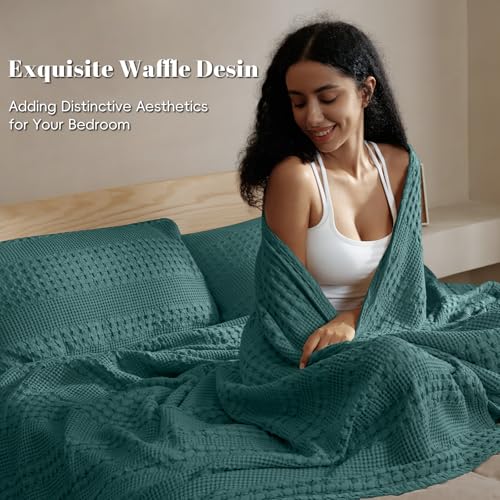 Image of PHF 100% Cotton Waffle Blanket Queen Size for Bed, Lightweight Breathable and Soft for Summer, Luxury Aesthetic Waffle Weave Blanket for Home Decor & Gifts for Women, 90 inchx90 inch, Teal