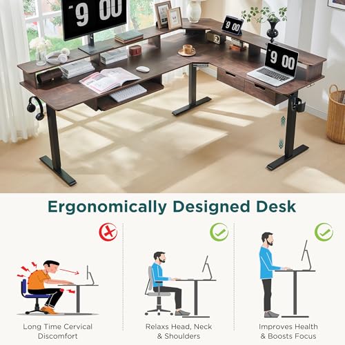 Image of RedLemon 75X60 Inches L Shaped Electric Standing Desk, Height Adjustable Corner Gaming Desk with Drawers, Keyboard Tray, Power Outlets & LED Lights, Computer Desk with Monitor Shelf, Dark Walnut