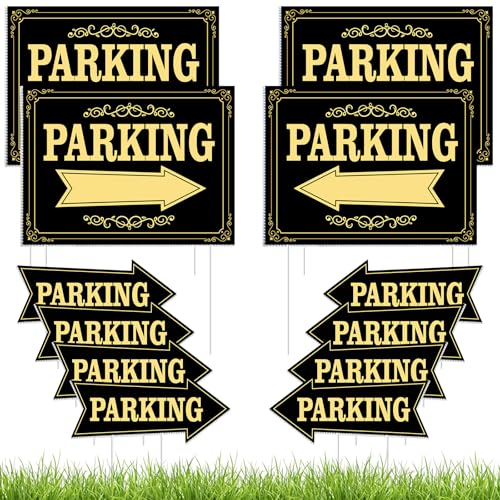 10PCS Parking Signs with Stakes Black Gold Double Sided Wedding Parking Sign Directional Arrow Signage for Transaction Reception Outdoor Event Guest Yard Lawn Plastic Waterproof Moving Signs 16X12"