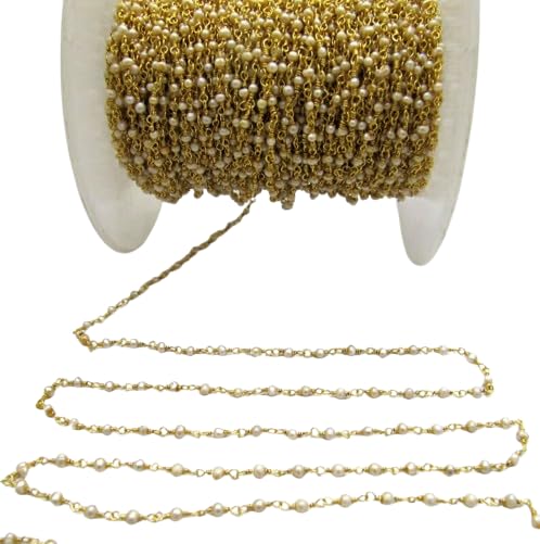 3-Feet Natural White Pearl 2mm Rondelle Beads Gold Plated Rosary Beaded Chain Jewelry making Chain-image-3