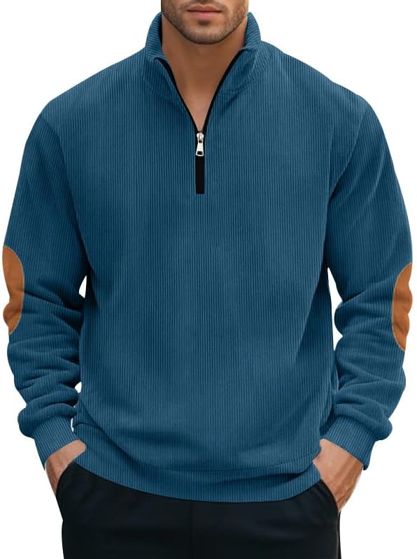 Mens Corduroy Sweatshirt Casual Half Zip Pullover Long Sleeve Shirt Fashion Solid Color Loose Stand Collar Clothing