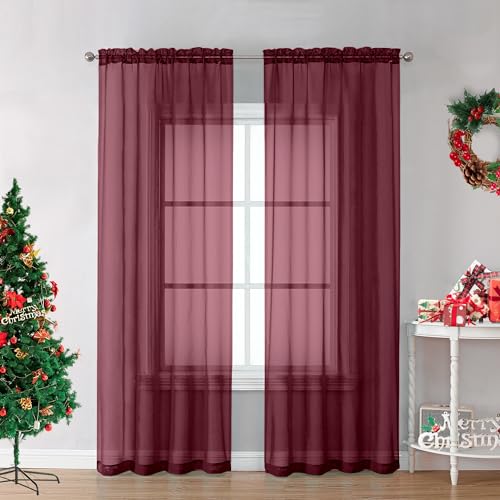 Image of OVZME Burgundy Sheer Curtains 84 inch Length 2 Panels Set, Light Filtering Sheer Privacy Curtain Drapes, Rod Pocket Window Treatments Voile Curtains for Living Room Bedroom, 42 inch W x 84 inch L