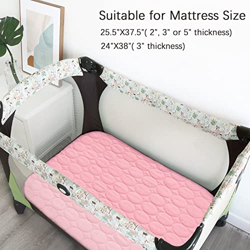 Pack and Play Protector Sheets Waterproof 2 Pack, Quilted Playard Mattress Pad Cover Fitted Fits for Graco Pack n Play Playard Mattress/Playpen Mattress, Gray & Pink, 39" x 27"