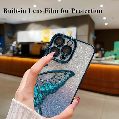 Image of mobistyle Designed for iPhone 14 Plus Cover with Glitter Cute Butterfly Electroplating Design Back Cover Case for Women Teen Girls (Blue)