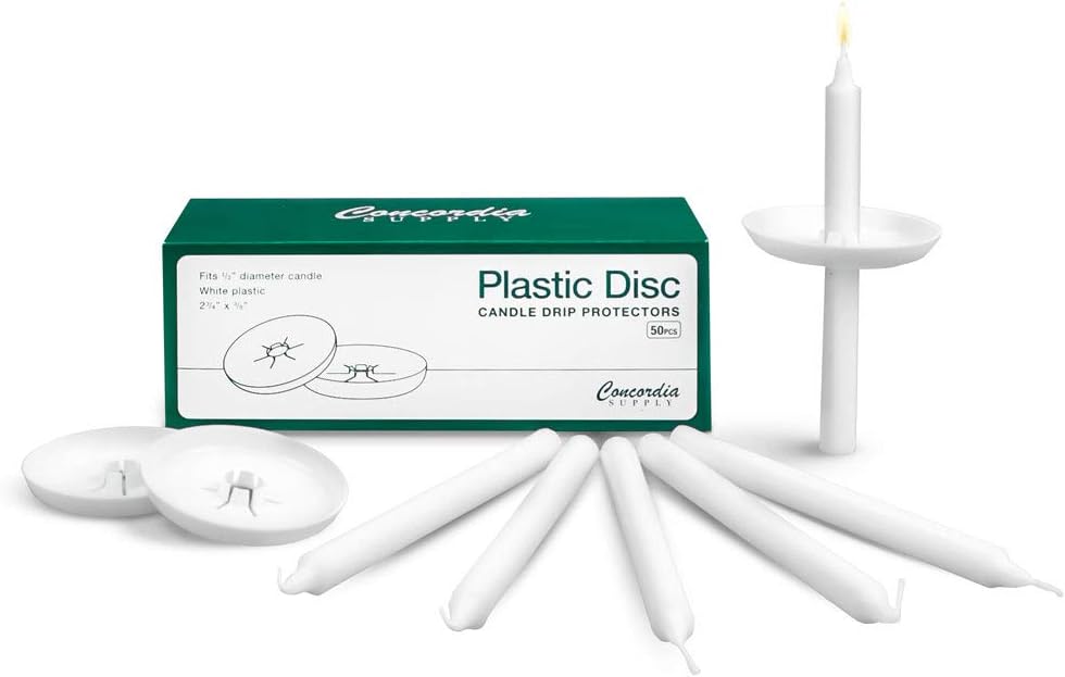 Plastic Disc Candle Drip Protectors - 5.75" x 1/2" Candles w/Easy to Hold White Plastic Candle Holders - Ideal for Candlelight, Memorial, & Congregational Services - Set of 100