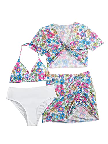Image of Milumia Girl's 4 Piece Swimsuit Tropical Print Spaghetti Strap Bikini Sets with Coverups Multi Floral 8-9 Years