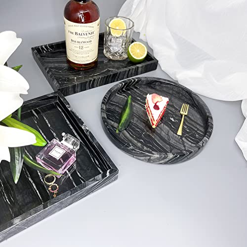 Bustledust 100% Natural Marble Vanity Bathroom Tray/Neat Organizer For Cups, Shampoo Perfume Jewelry (Ancient Wood Grain,Black, Glossy Surface,9.84Dx1.18H) #TOP5