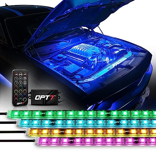 OPT7 Aura Engine Bay RGB Light Kit with Remote Control, 4 pc 24" Waterproof Underhood LED Strips, Multi Color Mode, Exterior Neon Accent Glow Lights for Truck F150 Tacoma Tundra 4Runner Dodge Durango