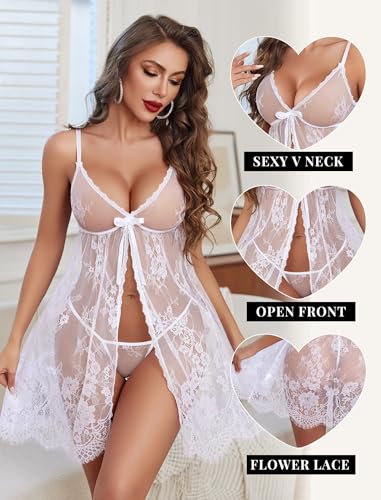 Image of Avidlove Sexy Lingerie for Women Open Front Lace Babydoll Dress V Neck Chemise Negligee Honeymoon