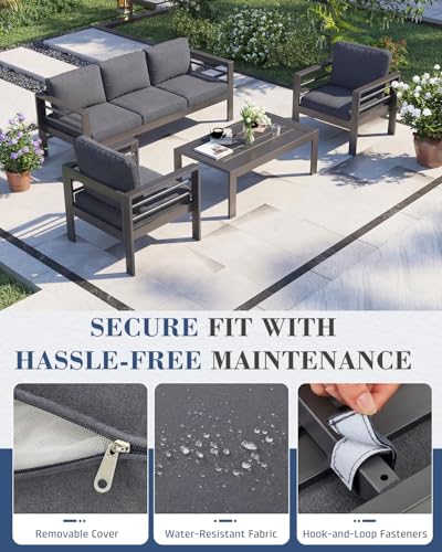 Image of AECOJOY Aluminum Patio Furniture Set, 5 Seats Modern Outdoor Furniture with Coffee Table, 4 Pieces Metal Conversation Sectional Sofa, Dark Gray