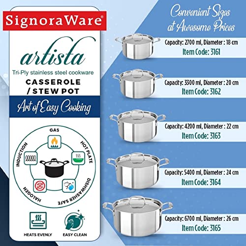 Signora Ware Artista Triply Stewpot Stainless Steel Induction Compatible Triply with Steel Lid (Induction and Gas Compatible), 20Cm, Capacity 3300Ml, Silver - Image 7 thumbnail