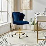 HULALA HOME Home Office Desk Chair with Gold Wheels, Small Cute Vanity Chair with Back for Bedroom, Adjustable Rolling Task Work Seat for Women/Girls, Navy