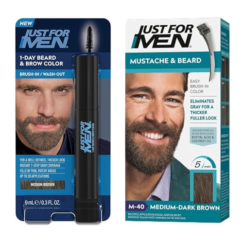 Just For Men Mustache & Beard + 1-Day Beard & Brow Color Bundle - Medium-Dark Brown M-40 for Long-Lasting Color & Medium Brown for Fuller, Well-Defined Look