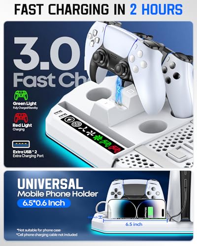 Image of Cooling Station with Controller Charger for PS5 /Slim /Pro, PlayStation 5 Vertical Stand for Disc & Digital Console, Dual PS 5 Controller Charging Station with 3 Level Cooling PlayStation 4 Chargers