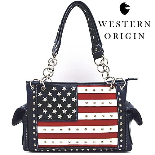 WESTERN ORIGIN American Flag USA Patriotic Purse Stars and Stripe Handbag Women Shoulder Bag Studs Crossbody Wallet Blue2