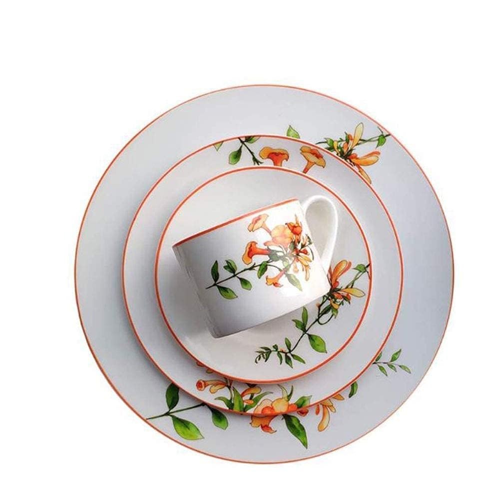 Elegante Speiseteller, Geschirr, Teller, Schüssel-Set, Keramik-Geschirr-Set mit 6 Teilen, Blumenmuster, Teller, Schüssel, Kaffeetasse und Untertasse, Service für 1