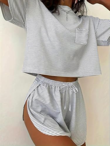 Ekouaer Womens Striped Pajama Sets Sexy Lounge Sets Side Split Short Pj Sets Cute Pjs 2 Piece Comfy Sleepwear Loungewear Gray-White Stripes X-Large - 1
